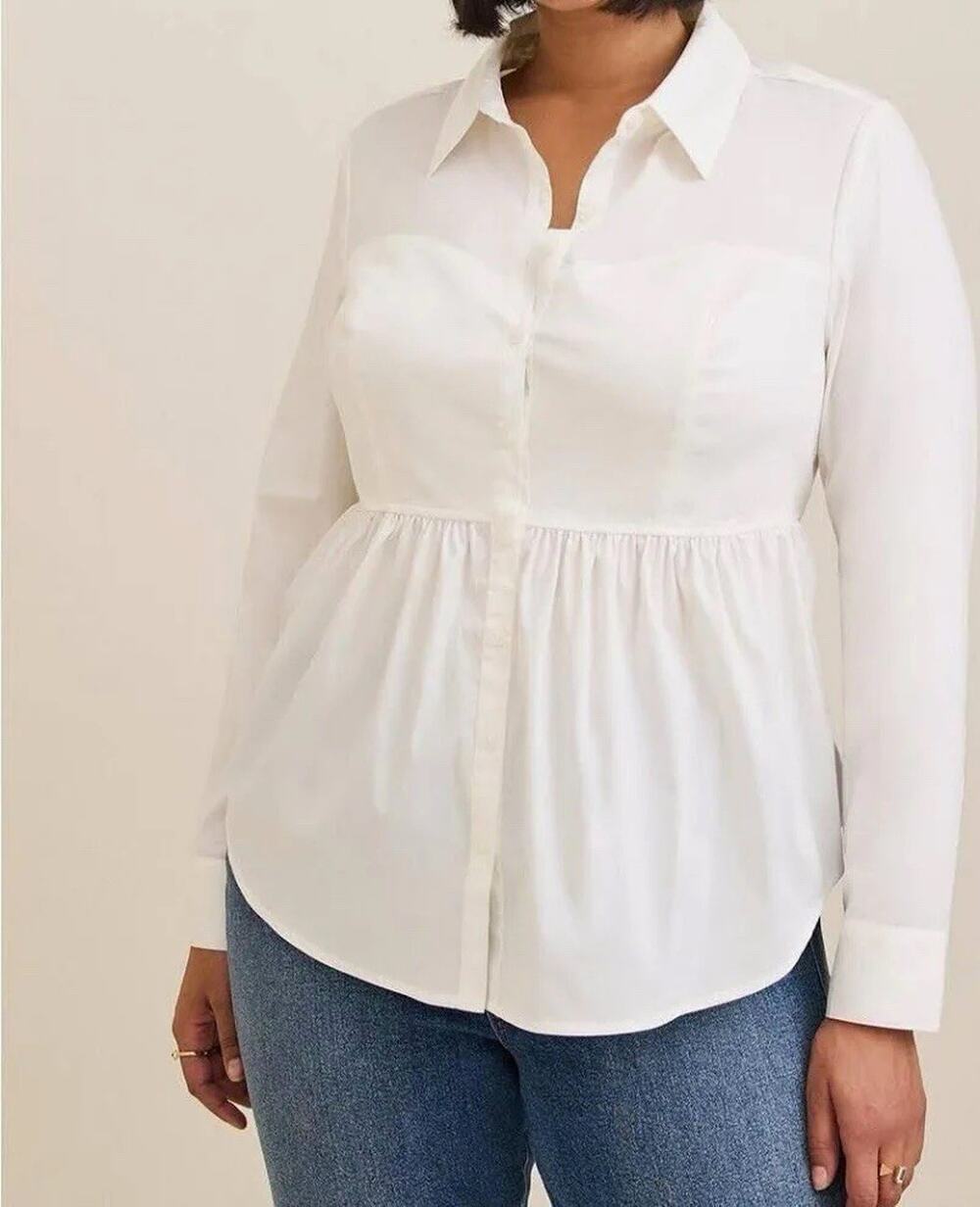 Torrid White Solid Collared Button-Up Long Sleeve Woven Stretch Top Plus 2X